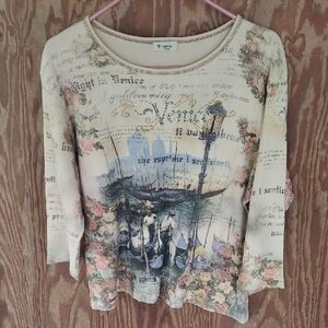 Vintage "Cactus" Venice, Italy Scene Long Sleeve Top, gemstones- cream, blue